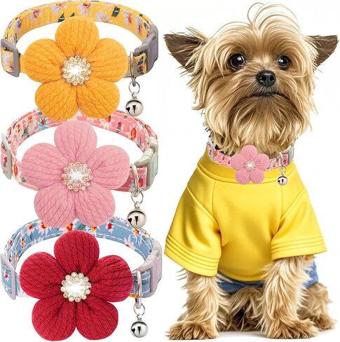 Puppy Collars for Litter, Small Dog Collar, xs Dog Collar, Dog Collars for Small Dogs with Flower and Bell (Yellow + Pink + Red) in Saudi Arabia