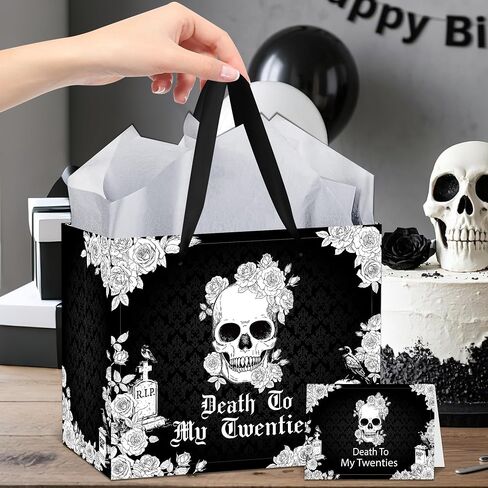 EoBeCy 40th Birthday Gift Bags for Men Women, Gothic Black Death to My Thirties Gift Bag With Tissue Paper and Greeting Card, Rip 30s Gift Wrapping Paper for 40 Year Old Birthday Party Decorations in Saudi Arabia