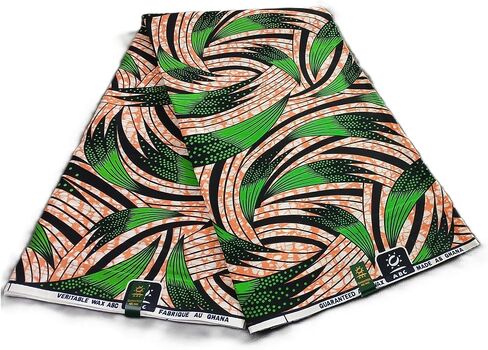 African Fabric 100% Cotton African Ankara Print 6 Yards 1 Piece for Crafts and Sewing (Green Leaf Swirls in Orange and White Multicolor) in Saudi Arabia