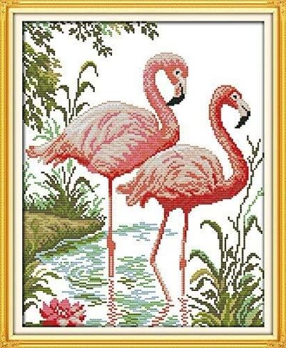 Cross Stitch Kits 11ct مختومة للأطفال والبالغين ، مجموعة التطريز المطبوعة مسبقًا للمبتدئين ، والحيوانات الجميلة (D419 اثنان من الفلامينغ ، الحجم 14''x17 '') in Kuwait
