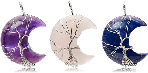 Natural Stone Crescent Pendant, Set of 3 (46x29mm) Tree of Life Wire-Wrapped Gemstone Charm for Jewelry Making Necklace in Saudi Arabia