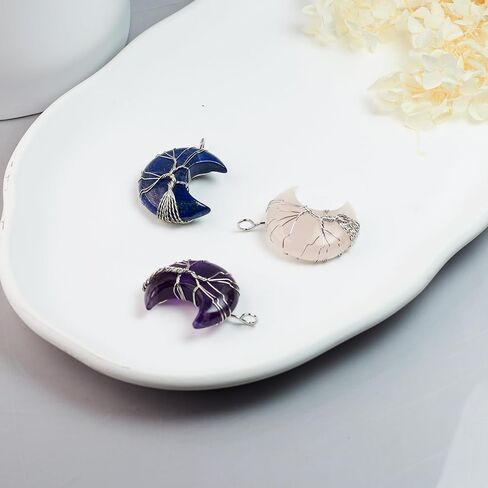 Natural Stone Crescent Pendant, Set of 3 (46x29mm) Tree of Life Wire-Wrapped Gemstone Charm for Jewelry Making Necklace in Saudi Arabia