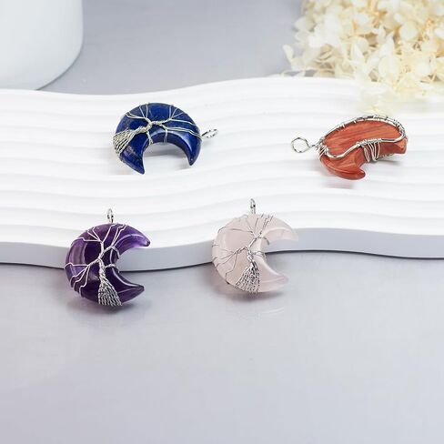 Natural Stone Crescent Pendant, Set of 3 (46x29mm) Tree of Life Wire-Wrapped Gemstone Charm for Jewelry Making Necklace in Saudi Arabia