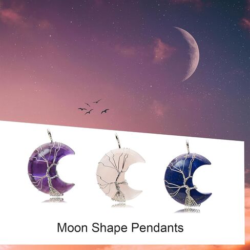 Natural Stone Crescent Pendant, Set of 3 (46x29mm) Tree of Life Wire-Wrapped Gemstone Charm for Jewelry Making Necklace in Saudi Arabia