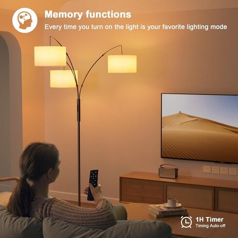 36W LED Arc Floor Lamp with 3 Fabric Shades, 3000LM Super Bright Standing Lamp with Remote Control & Touch, Stepless Dimming, Individual Light Control for Living Room, Bedroom in Kuwait
