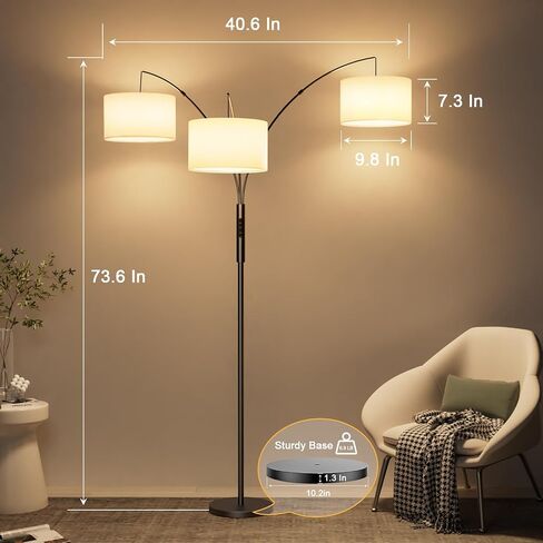 36W LED Arc Floor Lamp with 3 Fabric Shades, 3000LM Super Bright Standing Lamp with Remote Control & Touch, Stepless Dimming, Individual Light Control for Living Room, Bedroom in Kuwait