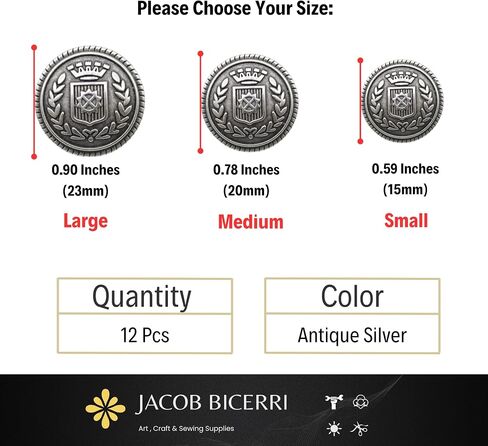 Antique Silver Metal Shank Buttons - 12 Pcs - 3 Size Options -Crown Round Metal Shank Buttons Vintage for Men Women Blazer Coat Uniform Shirt Suit and Jacket Sewing Craft DIY N11302 in Kuwait