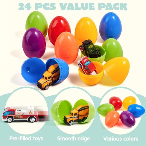 JOYIN 24 Pcs Prefilled Easter Eggs with Toys, Plastic Eggs with Colorful Cars, Basket Stuffers, Party Favors for Kids, Easter Game, Classroom Prize Supplies in Saudi Arabia
