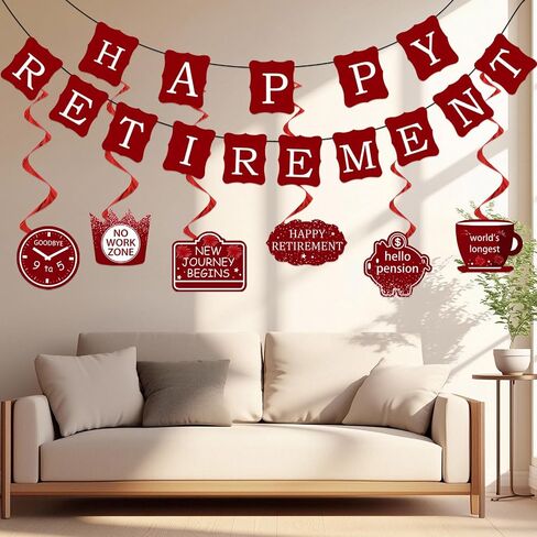 21Pcs Happy Retirement Party Decorations for Men Women,Red Funny Retirement Banner Hanging Swirls Paper Kit Outdoor Indoor Bunting Garland Sign Teacher Retired Banners Office Farewell Decor Supplies in Saudi Arabia