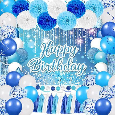 Light Blue Birthday Decorations for Boys Girls Blue Silver Birthday Banner Blue White Balloons Paper Pom Poms Tassels Garland Fringe Curtain for Blue Nautical Birthday Baby Shower Party Supplies in Saudi Arabia