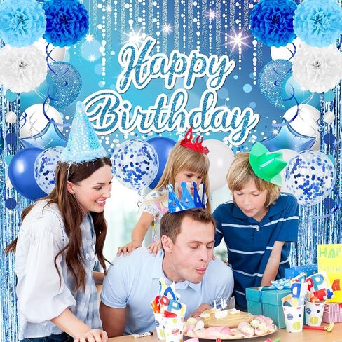 Light Blue Birthday Decorations for Boys Girls Blue Silver Birthday Banner Blue White Balloons Paper Pom Poms Tassels Garland Fringe Curtain for Blue Nautical Birthday Baby Shower Party Supplies in Saudi Arabia