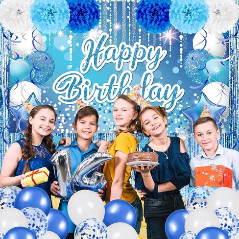 Light Blue Birthday Decorations for Boys Girls Blue Silver Birthday Banner Blue White Balloons Paper Pom Poms Tassels Garland Fringe Curtain for Blue Nautical Birthday Baby Shower Party Supplies in Saudi Arabia