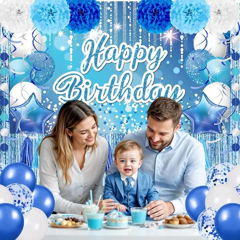 Light Blue Birthday Decorations for Boys Girls Blue Silver Birthday Banner Blue White Balloons Paper Pom Poms Tassels Garland Fringe Curtain for Blue Nautical Birthday Baby Shower Party Supplies in Saudi Arabia