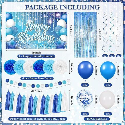 Light Blue Birthday Decorations for Boys Girls Blue Silver Birthday Banner Blue White Balloons Paper Pom Poms Tassels Garland Fringe Curtain for Blue Nautical Birthday Baby Shower Party Supplies in Saudi Arabia