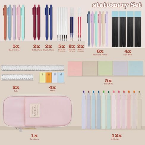 52 Aesthetic School Supplies with Cute Pen Case,5 Black, 2Blue,2 Red Ink Gel Pens,12inch and 6inch rulers,6 Mechanical Pencils for Students Stationary College Essentials in Saudi Arabia
