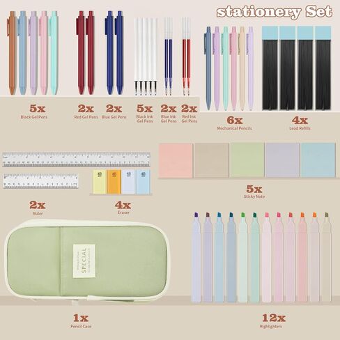 52 Aesthetic School Supplies with Cute Pen Case,5 Black, 2Blue,2 Red Ink Gel Pens,12inch and 6inch rulers,6 Mechanical Pencils for Students Stationary College Essentials in Saudi Arabia
