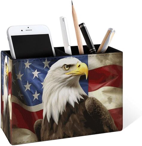Famame America Flag with Eagle Pencil Holder for Desk, Leather Desktop Container Pen Cup Storage Study Table Pen Organizer Makeup Brush Holder for Classroom Office Home in Kuwait