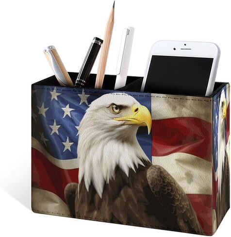 Famame America Flag with Eagle Pencil Holder for Desk, Leather Desktop Container Pen Cup Storage Study Table Pen Organizer Makeup Brush Holder for Classroom Office Home in Kuwait