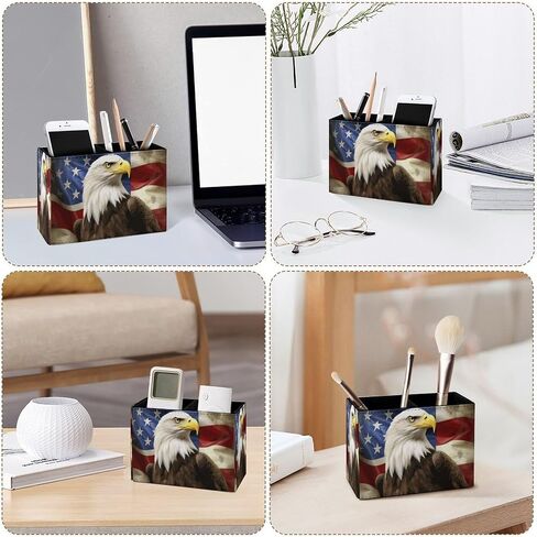 Famame America Flag with Eagle Pencil Holder for Desk, Leather Desktop Container Pen Cup Storage Study Table Pen Organizer Makeup Brush Holder for Classroom Office Home in Kuwait