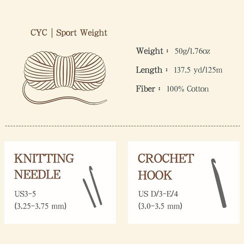 Katech 100% Cotton Yarn for Crocheting & Knitting – Soft Sport Weight CYC #3, 6 Skeins (50g Each, 300g Total), Ideal Crochet Yarn for Dishcloths, Baby Blankets, Wearables & DIY Crafts（Beige） in Saudi Arabia