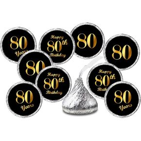 80th Birthday Black Kisses Stickers, (Set of 216) Chocolate Drops Labels Stickers for 80 Birthday, Party Favors Decor for Kisses. Made in USA,