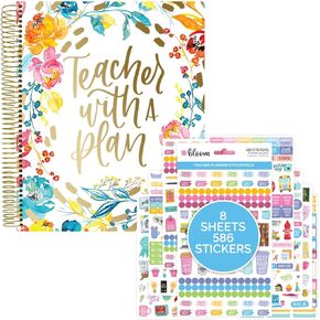 Bloom Daily Planners Planner & Sticker Pack Bundle - مخطط ومنظم أكاديمي غير مؤرخ + حزمة ملصقات تحت عنوان المدرسة - مجموعة التخطيط للمعلمين ، Homeschool