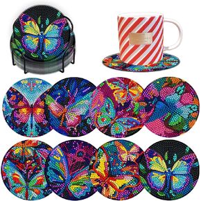 أدوات الطلاء Diamond Painting Coasters ، 8 أجهزة كمبيوتر مثقات فنية مع حامل ، مجموعات DIY الحرف - مجموعات فنون الفراشة الماس للبالغين المبتدئين للبالغين