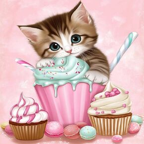 pigpigboss Cupcake Cat Diamond Painting Kit for Adult, 5D Full Round Drill Cup Cat Diamond Dots Art, Cute Dessert Cake Kitten Paint with Diamonds for Beginner Kitten Lover (12 X 12 Inches)