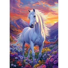 RICUVED Horse Diamond Painting Kits for Adults, 5D Animal Diamond Painting Flowers Diamond Art Kits for Beginners, DIY Full Drill Diamond Gem Sunset Diamond Painting Kits for Home Wall Decor 12x16Inch