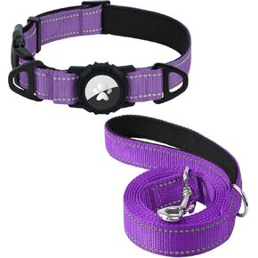 Joytale Airtag Dog Cog ومجموعة مقود 6 أقدام ، طوق ثنائي D-Rings Pet Pet ومقبض مقبض مبطن عاكس للكلاب الكبيرة (الأرجواني ، L)
