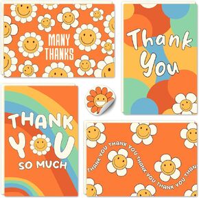 Boho Retro Thank You Cards مع الأظرف 24pcs ، وتخرج Thank You Cards للمعلمين أطفال Hippie Groovy ، و Floral ، الشكر ، مع الأظرف المبتسمة الوجه ، دش عباد الشمس