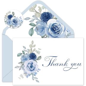 50 Pack Dusty Blue Floral Thank You Cards Watercolor Blue Roses Greeting Cards With Envelopes Stickers Blank Note Cards for Birthday Wedding