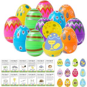 12 Pcs Resurrection Easter Story Eggs with Matching Religious Cards Holy Week Cards Christian Empty Eggs for Basket Stuffers (Easter Story Card)