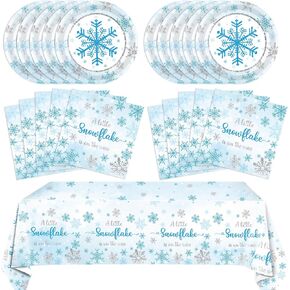 Snowflake Party Decorations - Blue and White Winter Birthday Tableware Set With Plates, Napkins, Tablecloth for Christmas, Baby Girls Celebrations