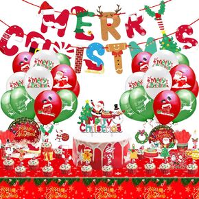 مجموعة عشاءات عيد الميلاد مجموعة Santa Claus Party Supplies Plates Napkins Cups Knives Spoons Forks tableloth palloons Banner Cupcake Topcake for Merry Christmas Party 156 Pitch
