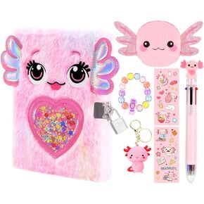 مذكرات Axolotl للفتيات مع القفل والمفاتيح ، Girl Journal ، Girls Fuzzy Notebook Gift مجموعة للكتابة والرسم ، قفل مذكرات للأطفال ، هدية عيد ميلاد للأطفال من 6 إلى 8 سنوات