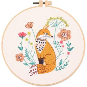 YEESAM ART Embroidery Kit with Fox and Beautiful Flowers Patterns, Full Set DIY Embroidery Cross Stitch Kits for Adults Beginners Needlework Sewing (Fox)