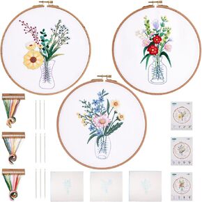 BOUTIGEM 3 PACK TEMPROIDERY KIT للمبتدئين زهرة مزهرية النسيج النسيج المتقاطع مع مجموعة من خيوط القماش التطريز سلك الإبرة لإبرة الخياطة DIY