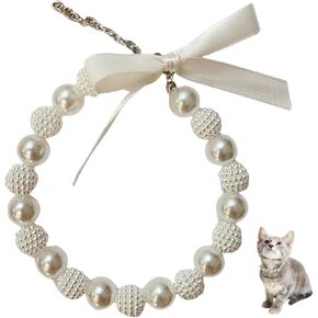 Princess Cat Pearl Collars with Cute Bow Tie Breakaway Adjustable Fashion Kitten Jewelry Necklace with Bowtie for Indoor Cats and Small Dogs (M)