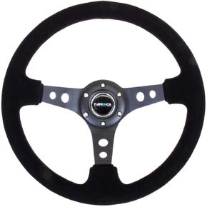 NRG Innovations NRG-RST-006-S عجلة قيادة معززة عجلة قيادة رياضية مقاس 350 مم (عمق 3 بوصة)، خياطة سوداء من جلد الغزال الأسود