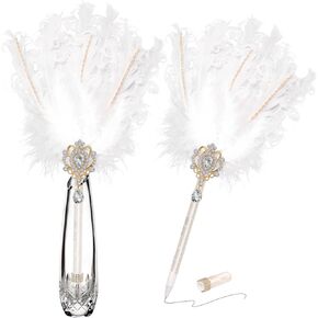 CROWN GUIDE Luxury Feather Quill Pen with Shiny Rhinestones & Curled Goose Feathers- Wedding Guest Book Pen, Great Gatsby/HP Party Supplies, Bridal Shower Gift with Rose Gold Heart Charm (13.8",Gold)