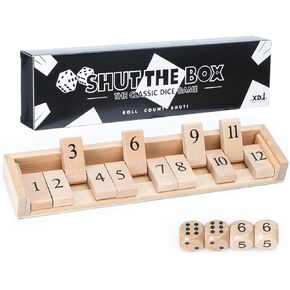 أغلق لعبة لوحة لعبة DICE Box | حجم السفر 11 '' خشبي | 12 أرقام | 2 النرد الكلاسيكية و 2 رقم الزهر | كيس التخزين | تعليمات | دروس تعلم الرياضيات | الأطفال ، البالغين