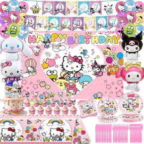 Kawaii Birthday Decorations, Kawaii Party Supplies Kit Include Happy Birthday Banner, Tablecloth, Paper Tableware, Balloons, Hanging Swirls, Cupcake Toppers, Backdrop for Girls