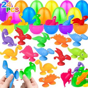 24 Pcs Prefilled Easter Eggs with Toys Animal Dinosaur Suction Cup Easter Basket Stuffers Filler Stress Relief Fidget Toys Window Bath Surprise Easter Hunt Party Favors Gifts for Kids Toddler