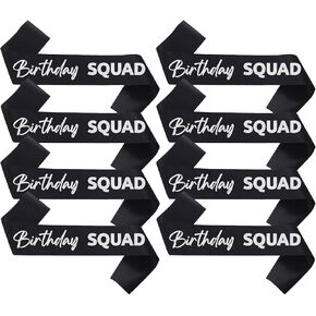 Birthday Squad Sash Sets, 8 Pack Birthday Gift Sashes Set Birthday Girl Sash Funny Party Favors Decorations for Sweet 16 18th 21st 25th 30th 40th 50th or Other Bday Black with Silver