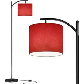 Modern Arc Floor Lamp with Dimmer Mid Century Abstract red Brushed Texture Cement Concrete Metal Standing Lamp with Linen Shade Footswitch for Living Room Bedroom Office