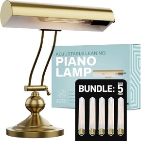 Home Intuition Classic Antique Retro Adjustable Leaning Piano Lamp Desk Light Bundle with 5 Extra LED Bulbs (Brushed Brass)
