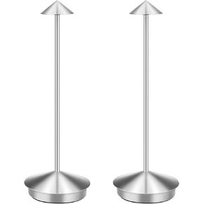 Cordless Led Table Lamp 2 Pack, Portable Outdoor Table Lamp, Cordless Desk Lamp Rechargeable in Aluminum for Restaurant Home Outdoor, Stepless Dimming 3 Light Color, Silver