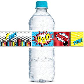 Comic Book Super Hero Birthday Themed Waterproof Water Bottle Sticker Wrappers 20 Wrap Around Labels Sized 1.75" x 8.5" by AmandaCreation