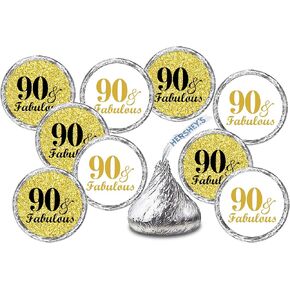 90 & Fabulous Birthday Gold Kisses Stickers ، (مجموعة من 216) ملصقات Drops Drops لعيد ميلاد حفلة ، تفضل الحفلات ديكور للقبلات. صنع في الولايات المتحدة